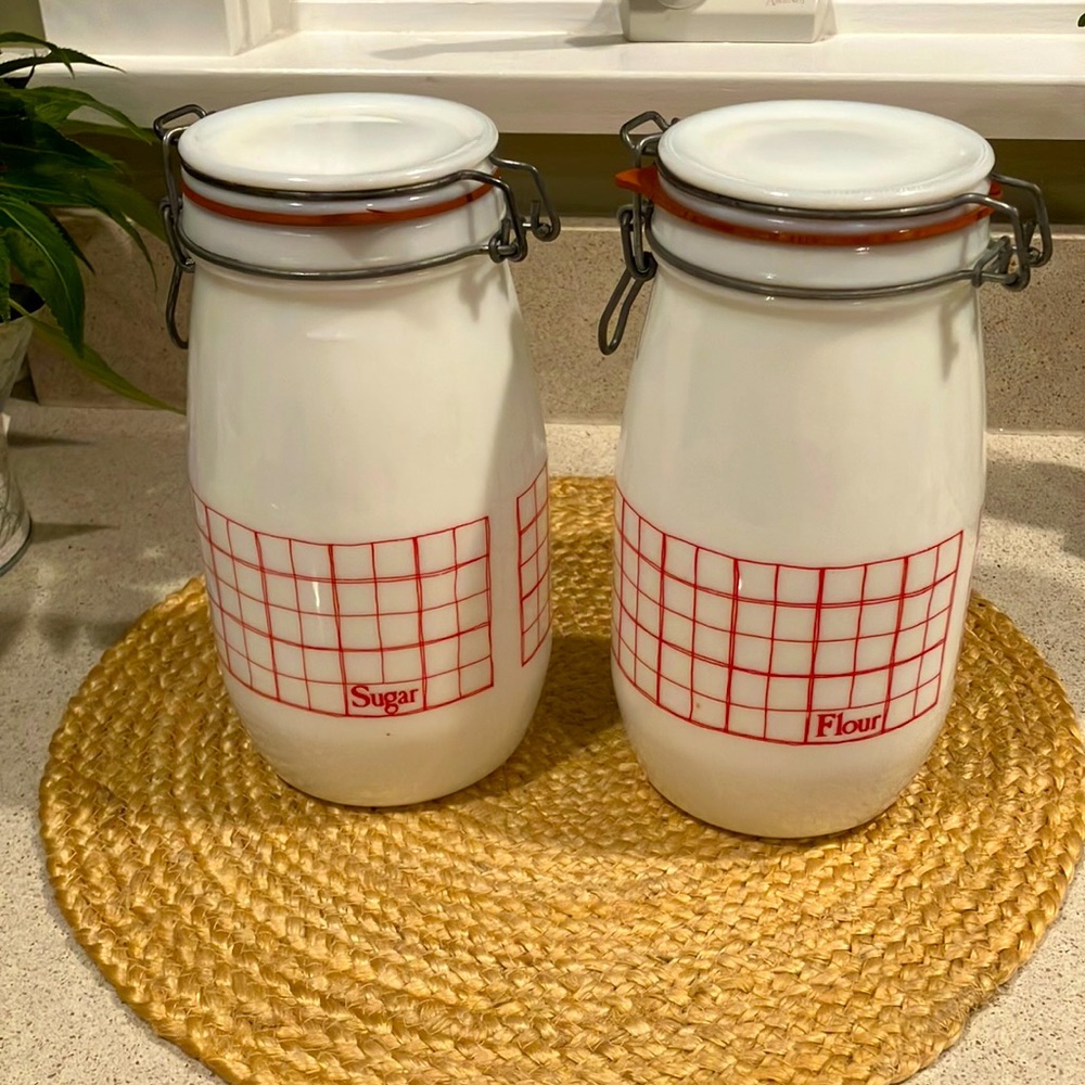 Vintage Wheaton 1.5L Milk Glass Flour & Sugar Jars/Canisters - Red & White
